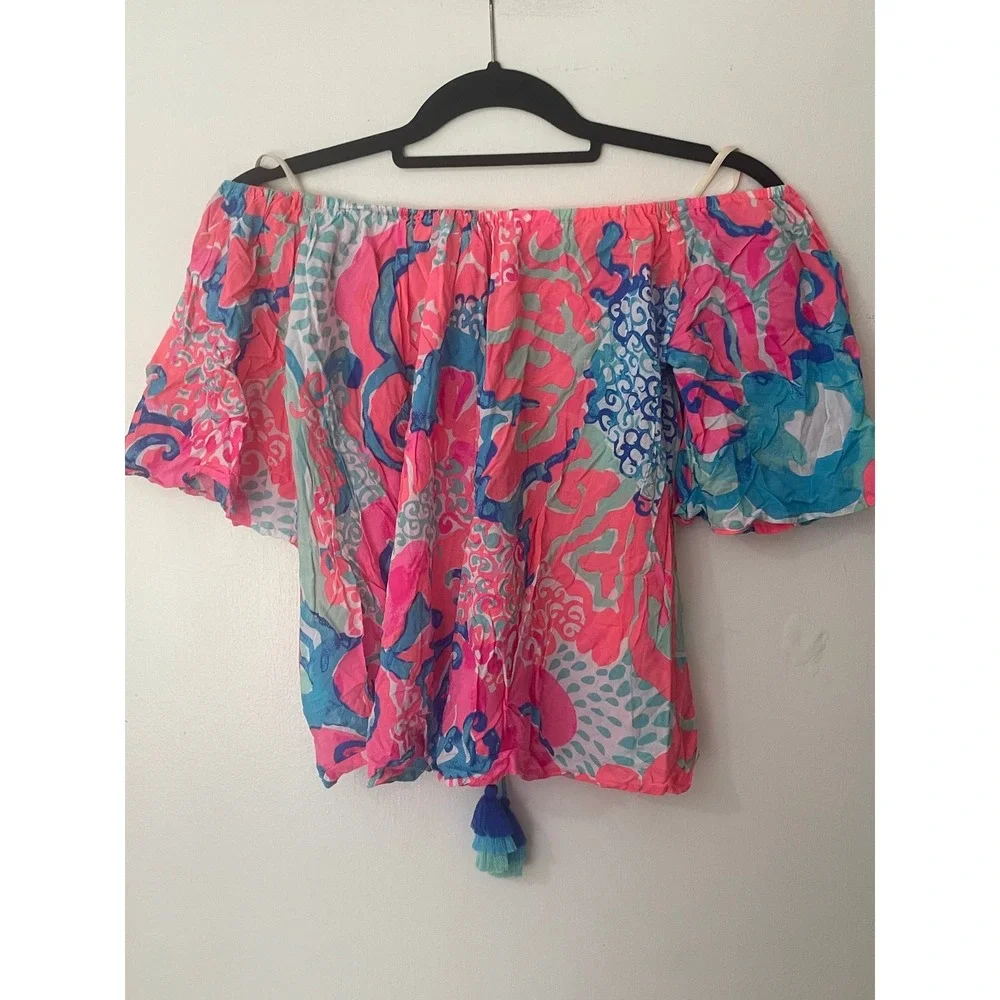 Lilly‎ Pulitzer  Sain Off-Shoulder Top in Coral Reef I'm So Jelly Size S